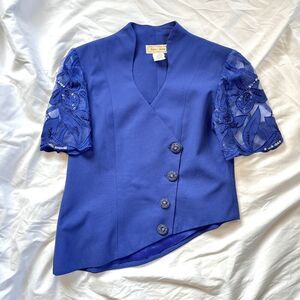 Regina Bianca Periwinkle Asymetric Blazer Sheer Beaded Sleeves, L/XL